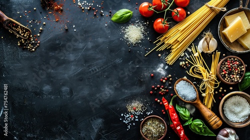 traditional Italian dish with spaghetti ingredients and blank area for text  ingredients for cooking.