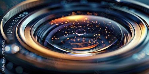Golden Lens Glow: Ethereal Light Particles Dance on a Camera Lens