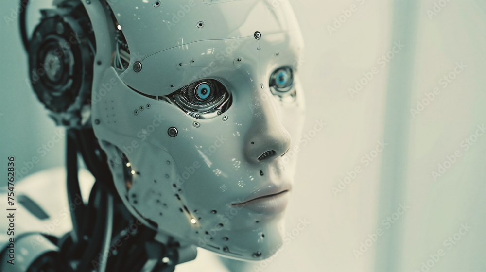 Close up of robot face. Futuristic robot