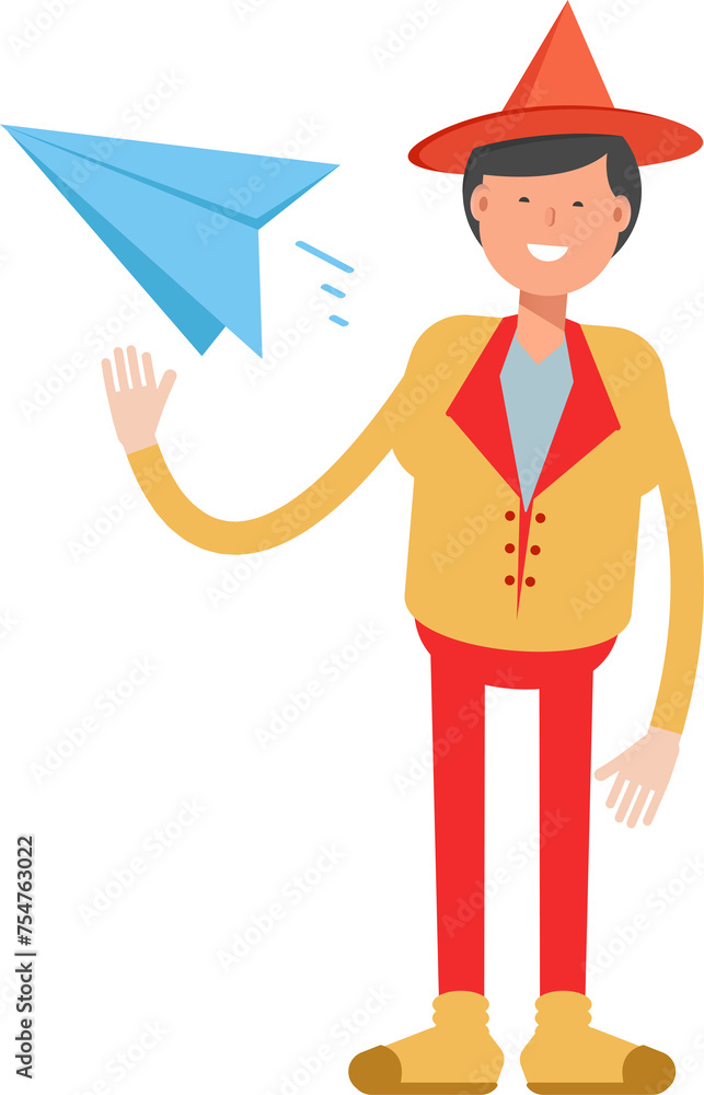 Party Man Character Holding Paper Plane
