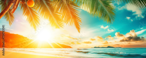 Sunrise banner showcasing orange sunburst over tropical beach © Artem81