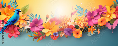 Vibrant tropical flowers and a blue bird banner for colorful vacation backgrounds