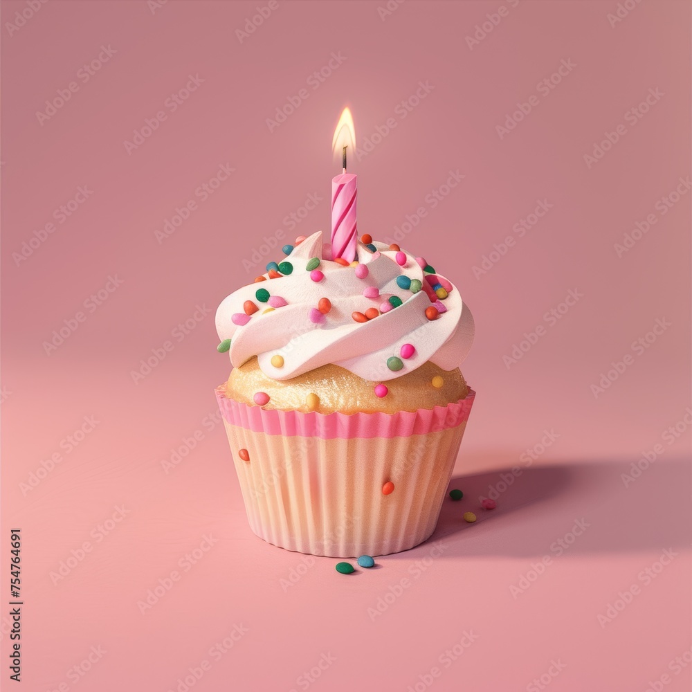 a cupcake with a candle sitting on a pink background a cupcake with a candle sitting on a pink background