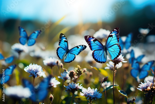 Blue butterflies fly over a field against a blue sky. Generated by artificial intelligence photo