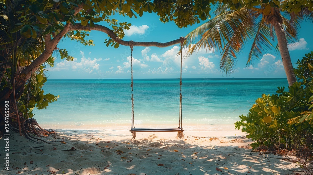 Wooden swing on tropical beach with coconut palm tree - vintage filter. Generative Ai. 