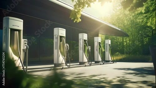 Ev charging station, green energy power, Modern fast electric vehicle chargers for charging car in park photo