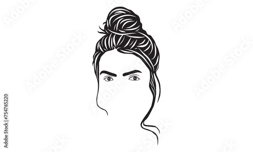Messy bun hairstyles, vector woman silhouette. Beautiful girl drawing illustration.