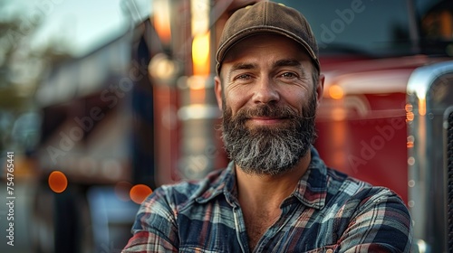 Portrait of a handsome bearded man in a plaid shirt and cap standing in front of a truck. Generative Ai.  © zorandim75