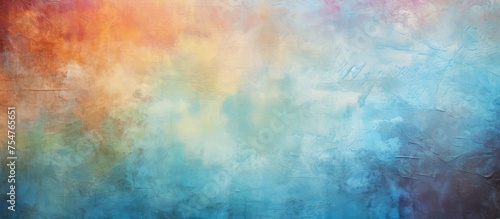 This painting features a vibrant blend of blue, orange, and yellow colors in a grungy abstract style. The colors intertwine in a dynamic and bold manner, creating a visually striking composition.