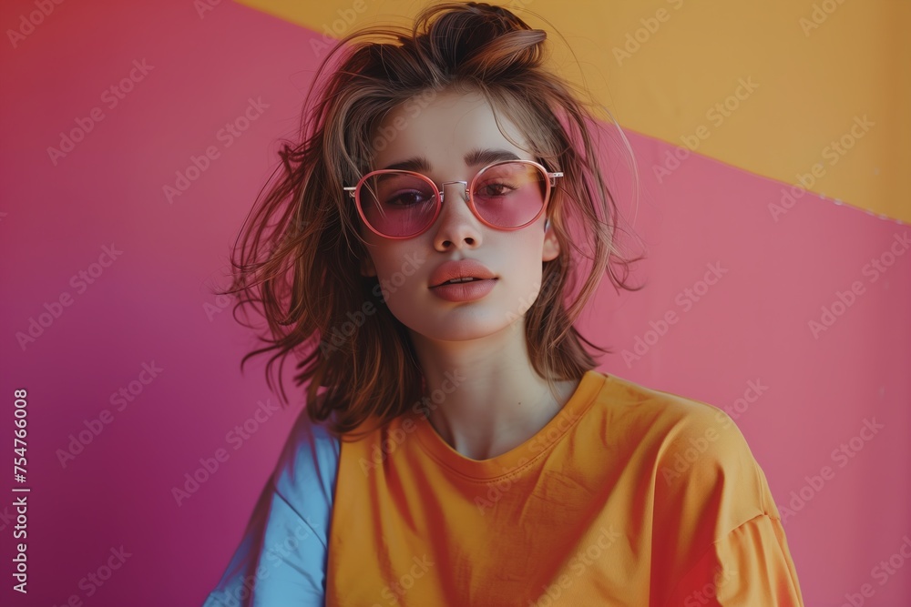 A woman wearing a yellow shirt and pink glasses A woman wearing a yellow shirt and pink glasses