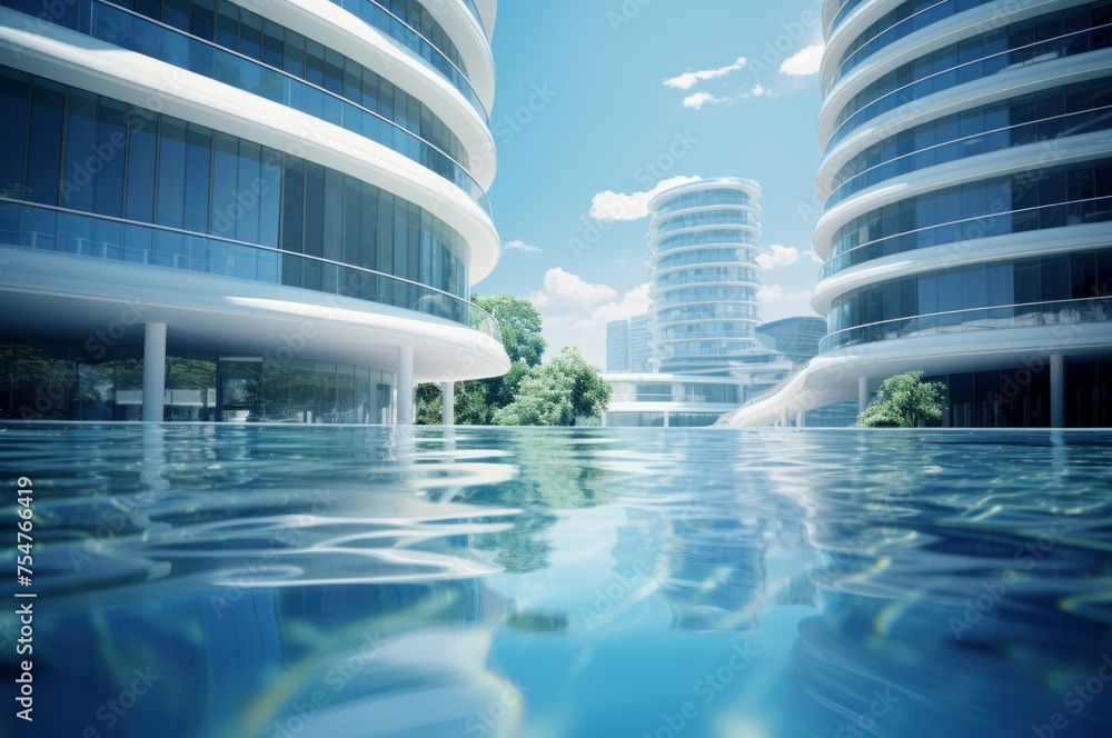 Spacious Modern building with pool water. Travel city. Generate Ai