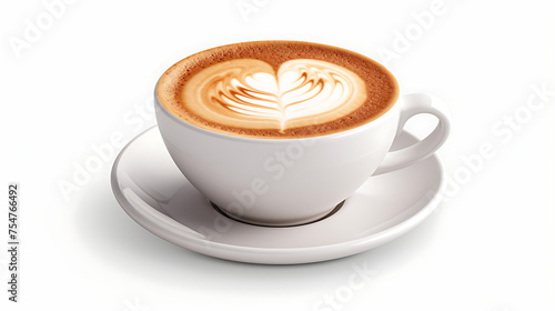 Cup of cappuccino with latte art on white background