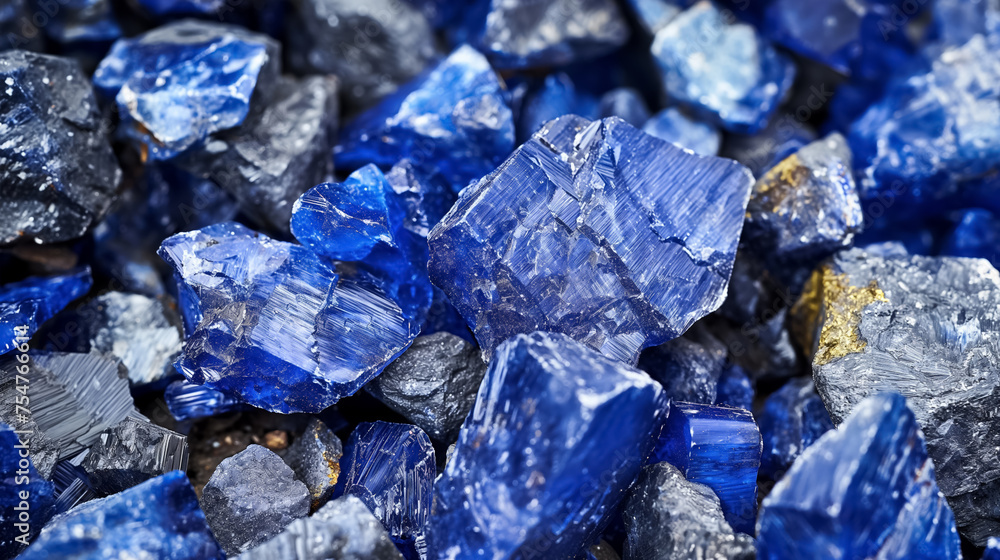 Vivid blue crystals among dark rocks.