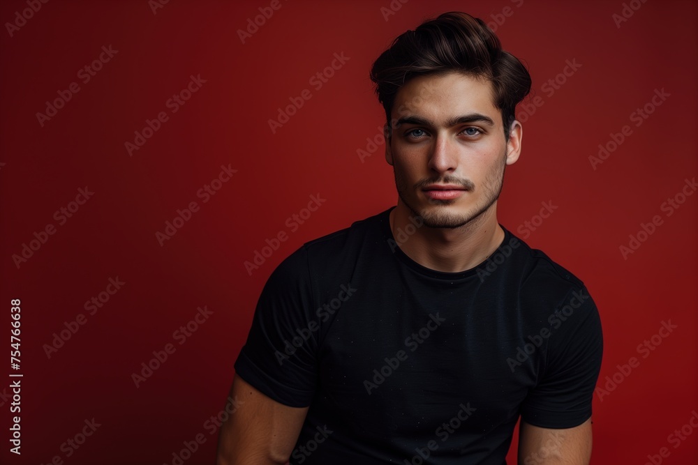 A man with a beard and a black shirt is standing in front of a red background A man with a beard and a black shirt is standing in front of a red background