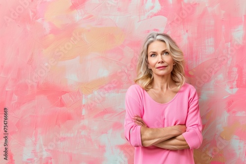 A woman in a pink shirt is standing in front of a pink wall