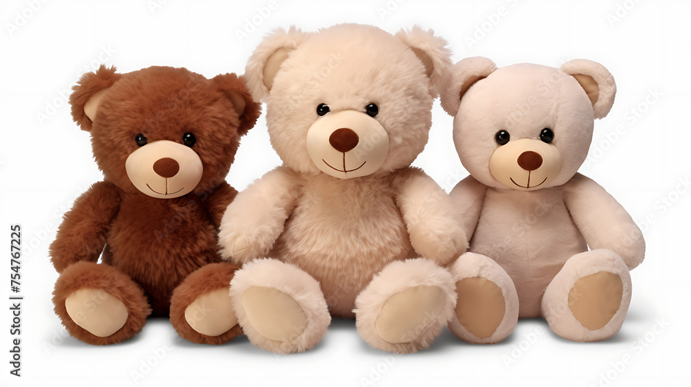 Three teddy bears sitting on white background, closeup of photo Three teddy bears sitting on white background, closeup of photo