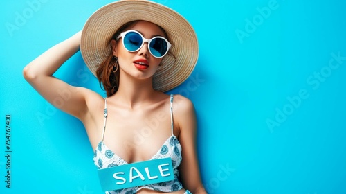 Blue background ,Pretty smiling woman in summer outfit