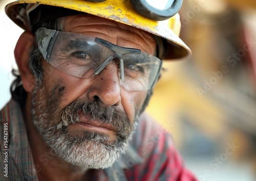 Close-up Portrait of a Weathered Construction Worker in Safety Gear