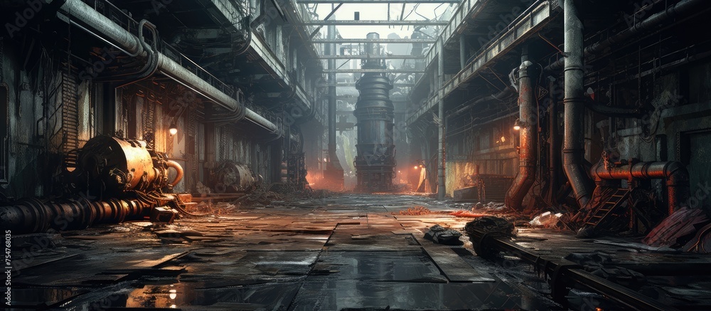 The interior of an abandoned industrial building is filled with various machinery and equipment. Conveyor belts, mechanical arms, and rusted tools are scattered throughout the vast, empty space. The interior of an abandoned industrial building is filled with various machinery and equipment. Conveyor belts, mechanical arms, and rusted tools are scattered throughout the vast, empty space.