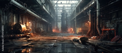 The interior of an abandoned industrial building is filled with various machinery and equipment. Conveyor belts, mechanical arms, and rusted tools are scattered throughout the vast, empty space.