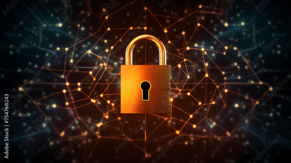 Cyber security concept with golden padlock on dark background 3D rendering Cyber security concept with golden padlock on dark background 3D rendering