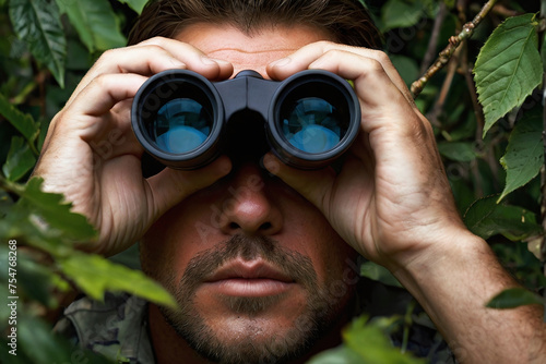 Hidden behind thick leaves, a spy on a lookout secretly scans and survey enemy territory. A nosy parker hides behind dense foliage watching from afar using binoculars. A busybody spying on neighbors. photo
