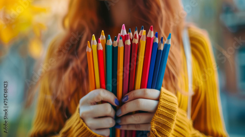A smiling redhead woman is partially visible, holding an assortment of bright colored pencils in her hands photo