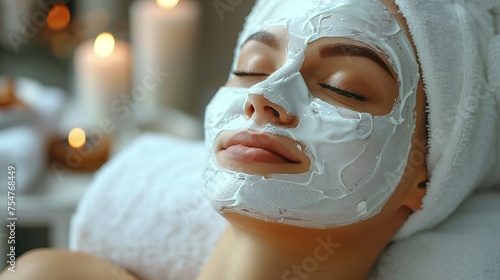 Beautiful woman with facial mask at beauty salon. Generative Ai.