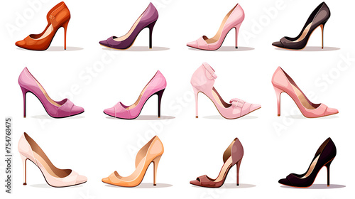 Illustration of a set of different women's shoes on a white background