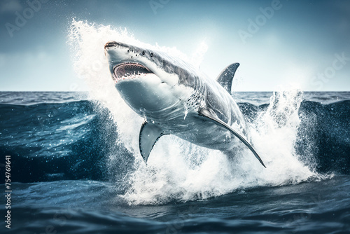 A great white shark jumps out of the water. 
