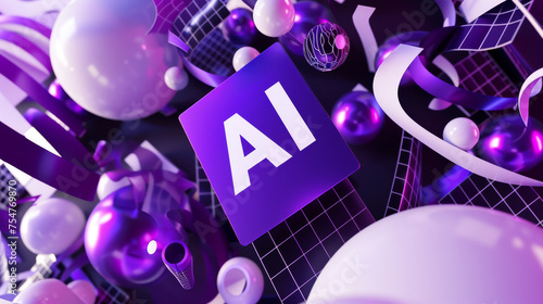AI Banner on Purple Sign Surrounded by Abstract Geometric Shapes