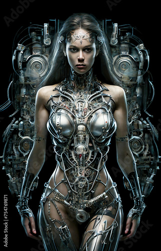 Woman cyborg, girl robot. Black background. 