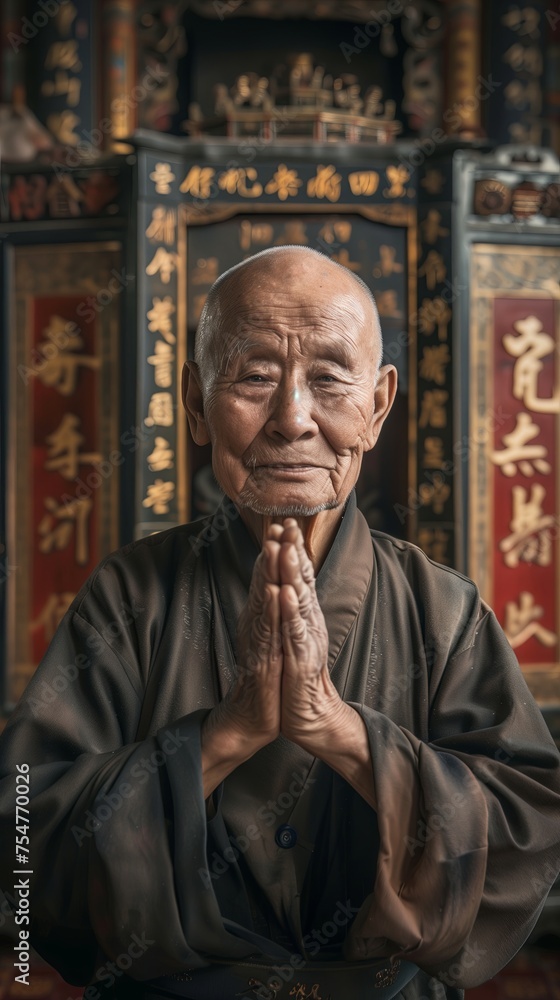 Naklejka premium Japanese man wearing traditional clothes folding hands praying