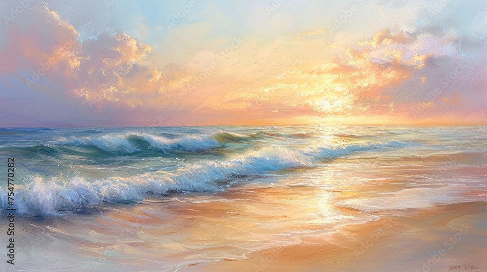 Serene beach scene at sunset with soft pastel colors and gentle waves