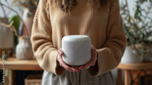 A person holding a modern white smart speaker in a cozy indoor environment with natural lighting photo