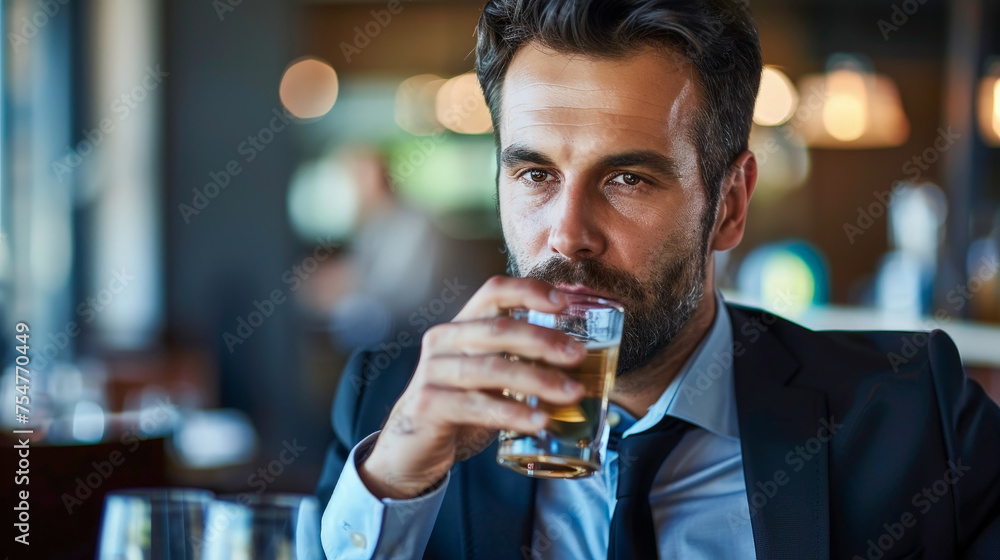 A man in a suit is drinking a glass of beer A man in a suit is drinking a glass of beer