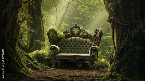 Nestled within a lush forest setting, a romantic seat offers tranquility and enchantment amidst nature's embrace.