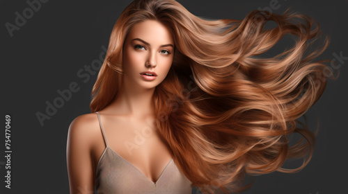 Beautiful young woman with long flying hair on dark background, closeup