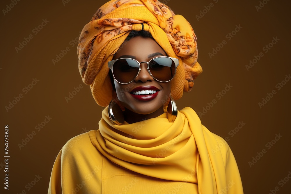 Joyful African woman with a vibrant headscarf and stylish sunglasses smiling Joyful African woman with a vibrant headscarf and stylish sunglasses smiling
