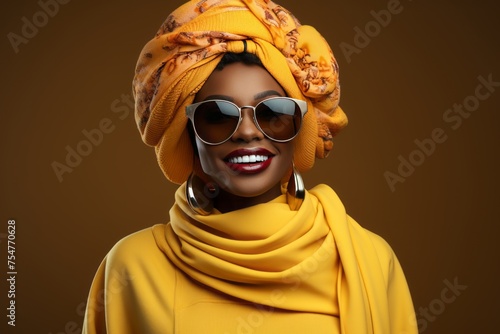 Joyful African woman with a vibrant headscarf and stylish sunglasses smiling © Georgii