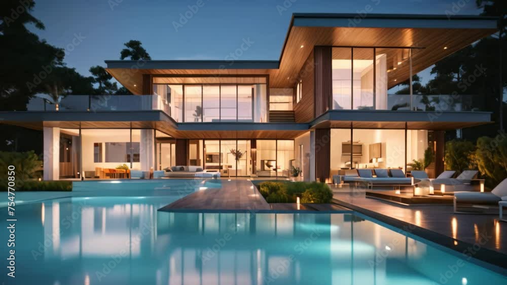 3d rendering of modern cozy house with pool and parking for sale or rent in luxurious style and beautiful landscaping on background. Clear summer night with many stars on the sky, AI Generated 3d rendering of modern cozy house with pool and parking for sale or rent in luxurious style and beautiful landscaping on background. Clear summer night with many stars on the sky, AI Generated