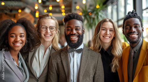 Group of six diverse business friends posing with radiating smiles in an informal setting