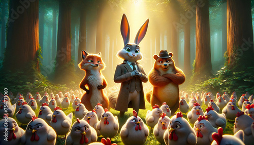 Fantasy forest with fox, rabbit and bear in the middle of group of chicken illustration concept