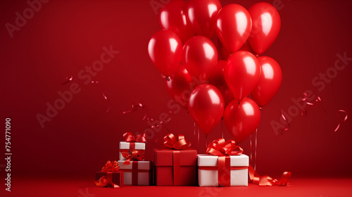  gift box white with red ribbon and red balloon isolated on red background,Gifts with balloons for birthday Day,Festive boxes with surprise wrapped and on a white background Celebratory and card like
