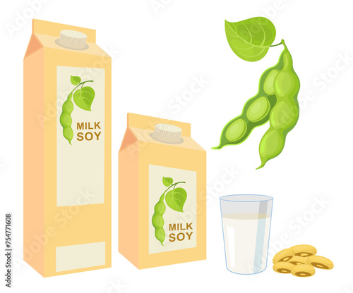 Soy milk package, soybeans and soy milk in glass. Soybean product. Vector illustration isolated on white background.