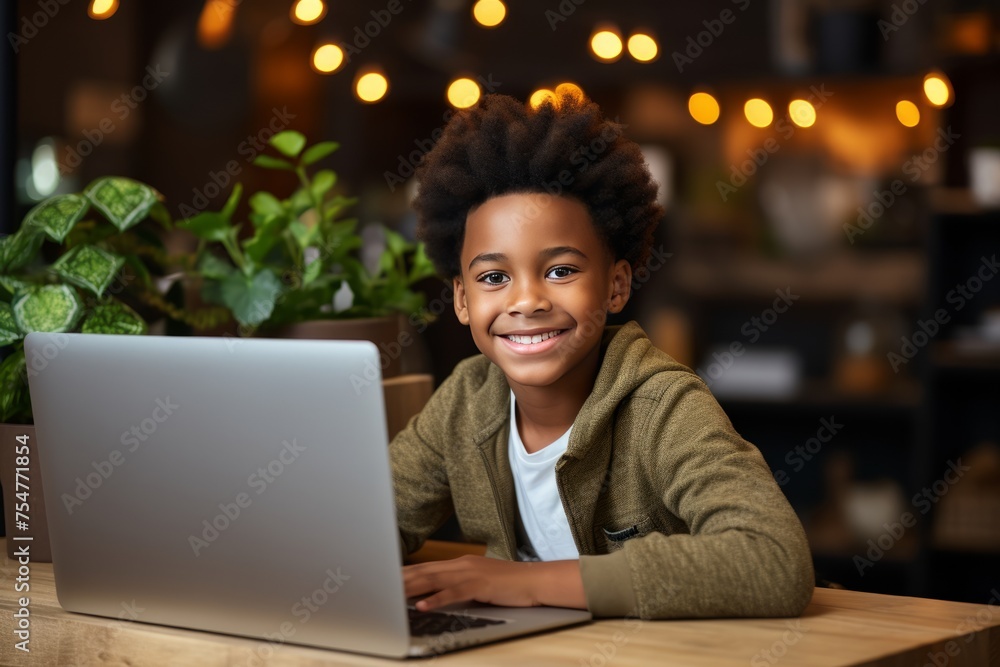 Young student engaged in online learning at a cozy cafe setting Young student engaged in online learning at a cozy cafe setting