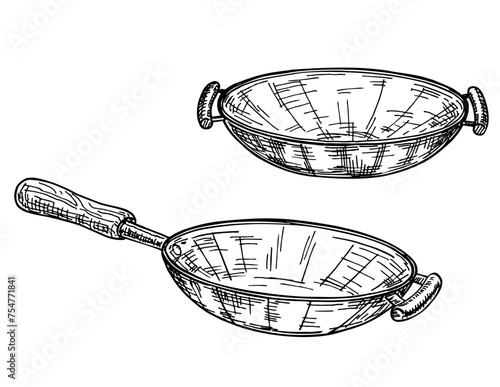 Wok pan set. Professional Wok or chinese cooking pot. Hand drawn sketch vector illustration. Asian fast food. For leaflets, cards, posters, prints, menu, booklets