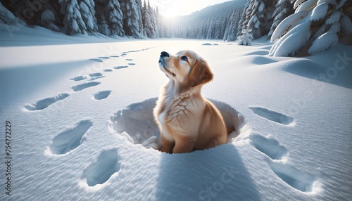 a puppy playing in the snow