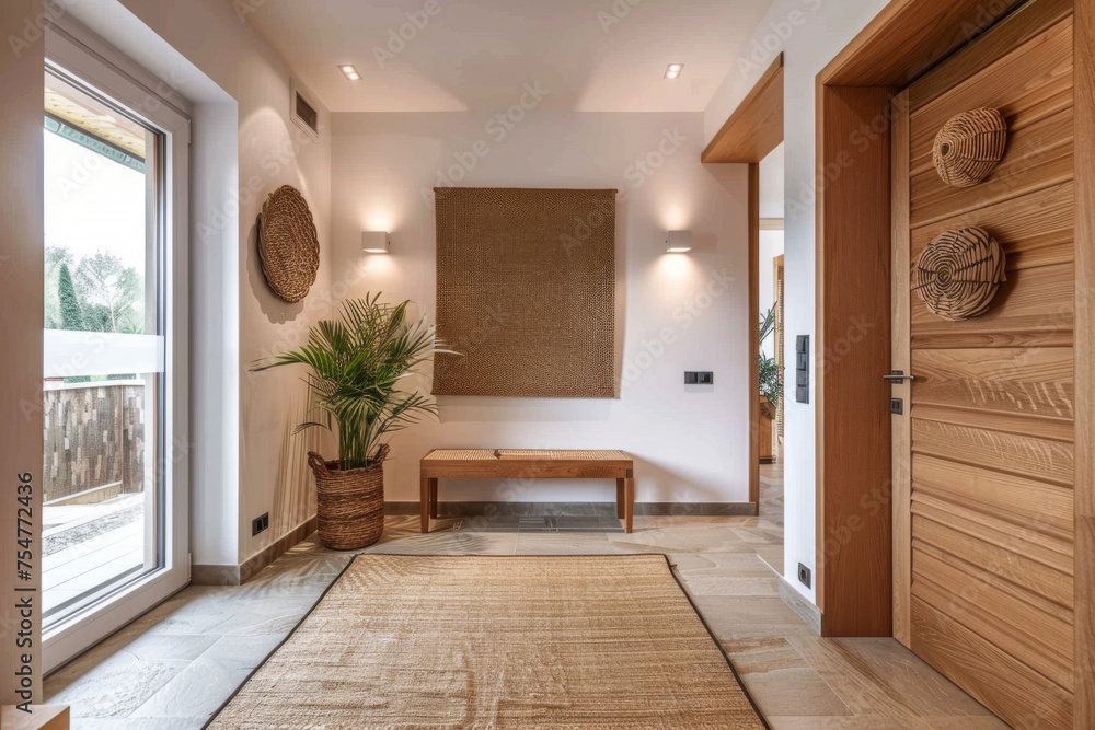 Obraz premium Interior stylish modern wooden entrance hallway decor with cozy wooden tone, contemporary home with furniture desk, stand and shoe bench.