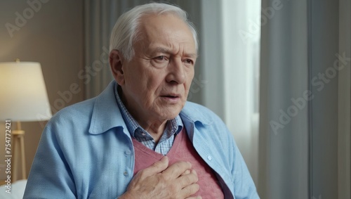 Wallpaper Mural senior man suffering from chest pain while sitting on bed at home Torontodigital.ca